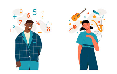 Mindset type set. Man with logical type of thinking and woman with creative mind. Numbers versus musical instruments. Cartoon flat vector collection isolated on white background - obrazy, fototapety, plakaty