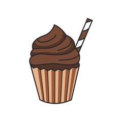 Chocolate cupcake with whipped cream and straw. Vector illustration.