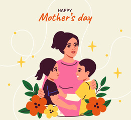 Mothers day poster. Woman hug boy and girl. Mom with son and daughter. International holiday and festival. Gift, present and surprise. Cartoon flat vector illustration isolated on beige background