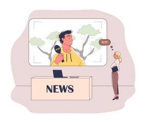 Woman with news simple. Man reporter with mcrophone and host at studio. Mass media workers create content for television, TV show. Doodle flat vector illustration isolated on white background