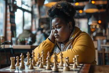 Thoughtful plus-size African American woman playing chess in a cafe. Strategy, concentration, and leisure activity. - obrazy, fototapety, plakaty