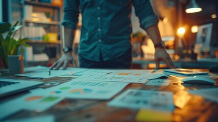 Obraz premium Focused entrepreneur analyzing financial charts and business strategies on a well-lit office desk, business strategy planning over documents.