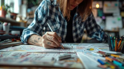 Fototapeta premium Creative female artist meticulously working on a detailed color palette in a vibrant art studio setting, artist drawing on colorful palette sheets.