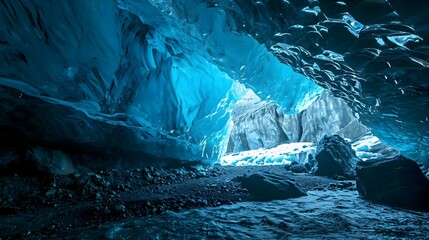 a large ice cave filled with lots of snow - obrazy, fototapety, plakaty