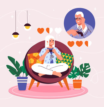 Old people play video games. Grandfather and grandmother with joysticks and gamepads at home. Arcades and games. Leisure and entertainment. Cartoon flat vector illustraton isolated on pink background