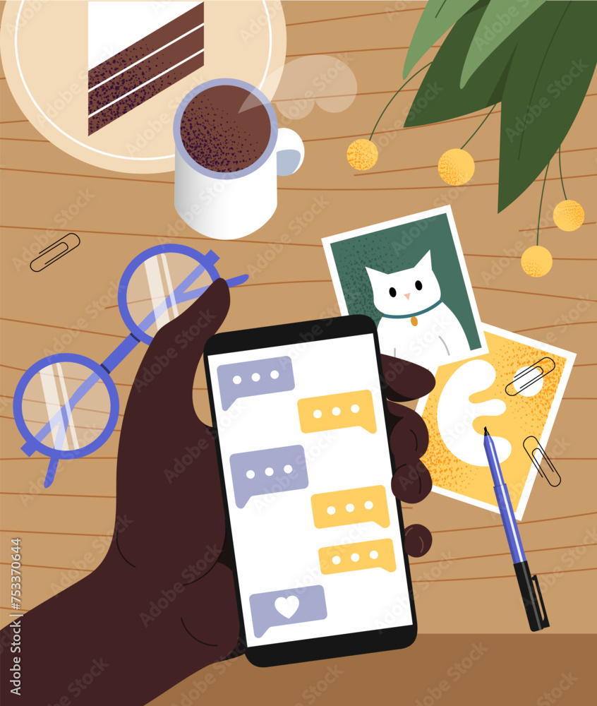 Poster online chat at phone concept. character with smartphone in hand. distance communication and interact