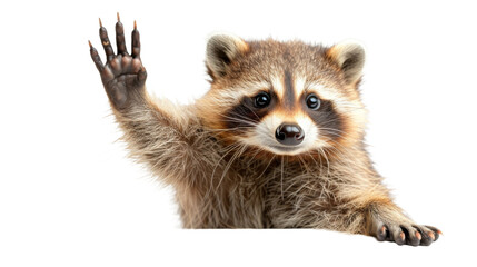 An adorable raccoon raises its paw as if waving hello, highlighting its playful nature and detailed fur texture