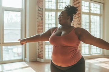 Plus-size African American woman in a yoga warrior pose, exemplifying balance and body positivity. Wellness, body positivity, and fitness.