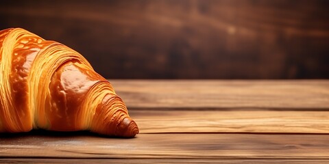 French croissant on a napkin on wooden table banner with copy space - obrazy, fototapety, plakaty
