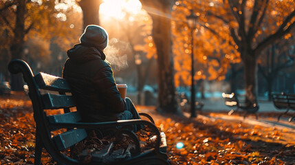 A person sitting on a park bench - obrazy, fototapety, plakaty