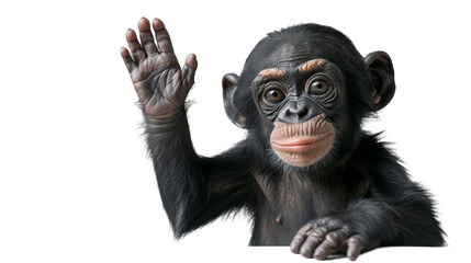 Detailed image of chimpanzee with hand visible in a stop gesture, face covered, against white backdrop