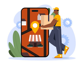 Online delivery man. Young guy with cardboard box near smartphone. Shopping and electronic commerce. Courier with parcel. Navigation and geolocation. Cartoon flat vector illustration