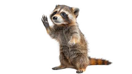 Captivating image of a friendly raccoon standing upright on two legs, with hands up as if waving, isolated on a white background - obrazy, fototapety, plakaty