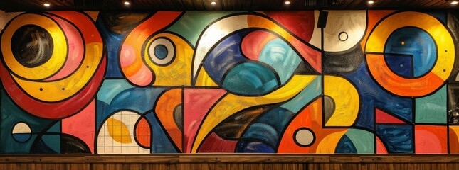 Eclectic abstract mural with bold geometric shapes and primary colors, displayed in a modern interior setting.