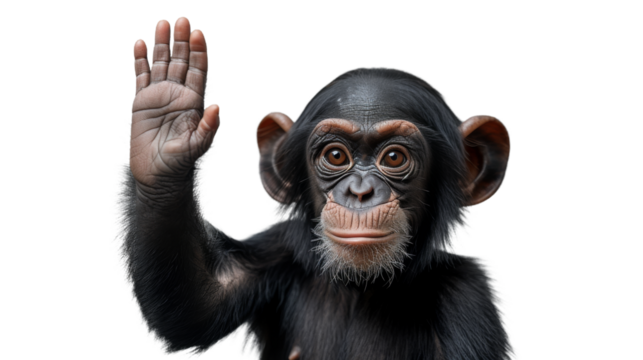 A close-up image capturing a chimpanzee's hand raised up high, with a facial blur for privacy, against a white backdrop
