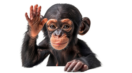 This striking image depicts a chimpanzee gesturing engagingly with its face obscured, against a white backdrop