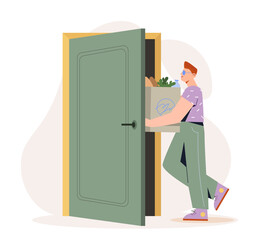 Man opening home doors. Young guy with package of groceries near doorway. Household chores and routine. Came to apartment. Cartoon flat vector illustration isolated on white background