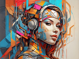 ai generative, female cyborg with mechanisms and wires in head, digital technological as a background