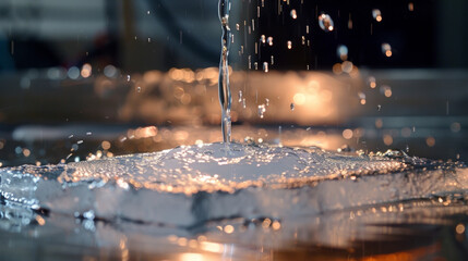 A detailed closeup of a hydrophobic material being tested with a water spray revealing the precise angle at which water will start to slide off and the extent of its resistance