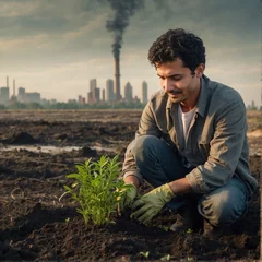 Fotobehang a man  planting a tree in a polluted environment, showing hope for a better world © Fábio Lemos