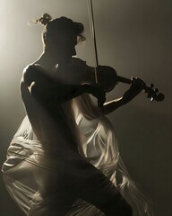 a woman in a white dress holding a violin