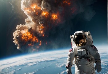 astronaut in space, in space suit, looking at an earth destroyed by pollution and war
