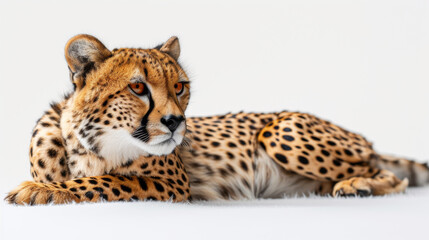 A cheetah lies down elegantly looking at the camera, its spots and intense eyes highlighted against the light background