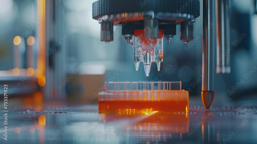Poster a closeup of a bioprinting machine in action depositing layers of living cells and bioinks with incr