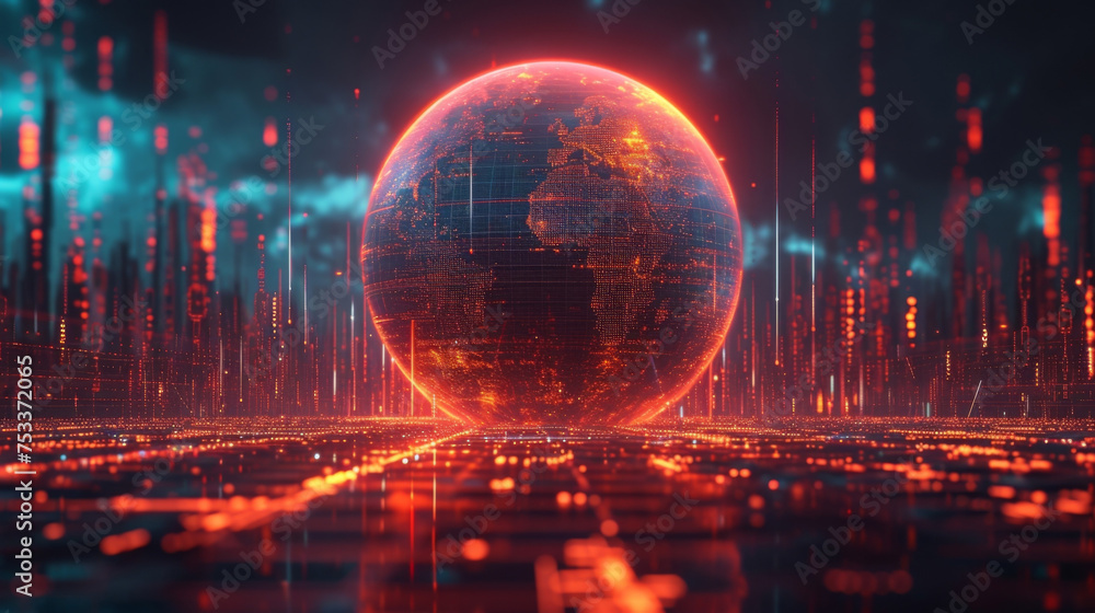 Aufkleber a futuristic digital landscape with a large holographic globe at its center. the globe showcases the