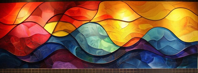 Illuminated abstract glass mural featuring wavy patterns in warm and cool tones evoking a sense of fluid movement.