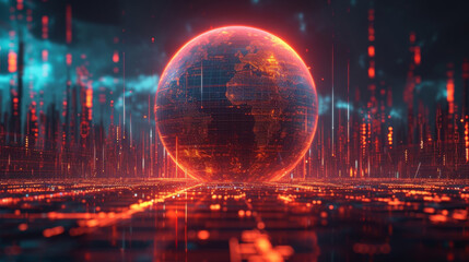 A futuristic digital landscape with a large holographic globe at its center. The globe showcases the users various financial accounts and assets with a series of interconnected - obrazy, fototapety, plakaty
