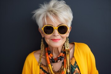Portrait of a beautiful senior woman in yellow clothes and sunglasses.