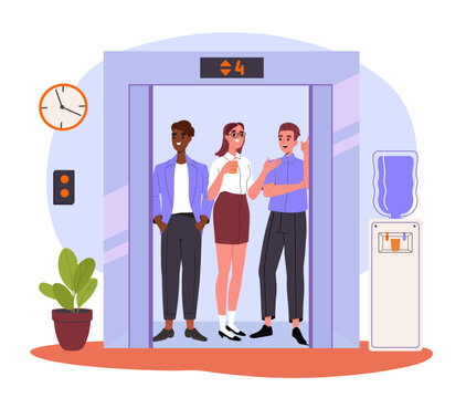 People in elevator. Scene from office or hotel. Colleagues and employees at 4 flour. Secretary and white collar workers. Cartoon flat vector illustration isolated on white background