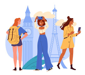 People tourists in Paris. Women near Eiffel Tower. Travelers in France. Holiday and vacation, international tourism and flights. Cartoon flat vector illustration isolated on white background - obrazy, fototapety, plakaty