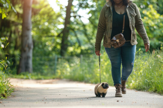 A plus-size African American woman walks her pet ferret on a leash on a sunny park pathway. Suitable for themes of pet care and outdoor activities.