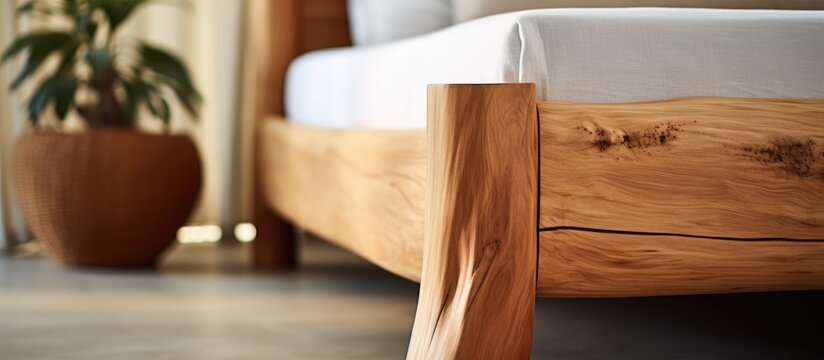 Close up photo of a wooden bed leg with wooden eco furniture elements in the background