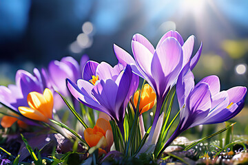 Obraz na płótnie Canvas Spring Flowers - Crocus Blossoms On Grass With Sunlight, 