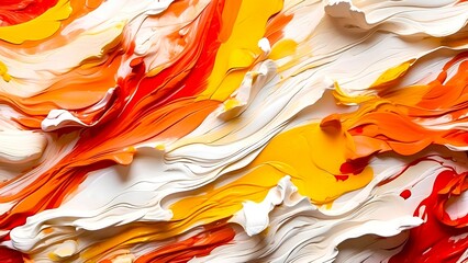 paint strokes and smudges with acrylic paint on canvas. red, yellow, orange, white color, flows, streaks of paint background 