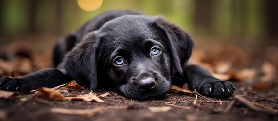 Black Puppy Lying on the Ground with Selective Focus