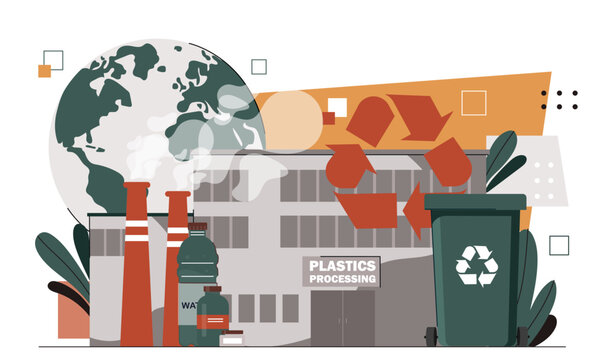 Plastics processing concept. Care about ecology and environment. Recycling and reuse. Reducing release of harmful waste into atmosphere. Cartoon flat vector illustration isolated on white background
