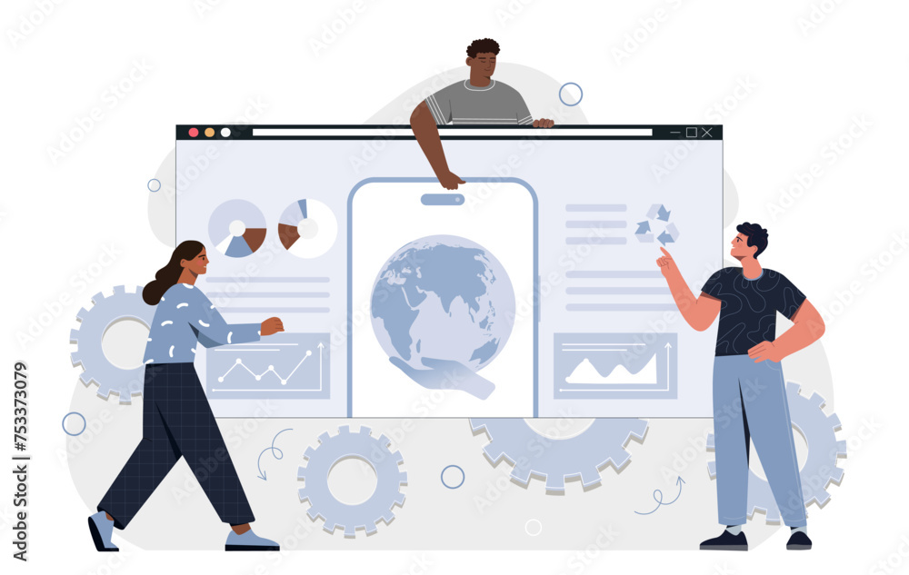 Aufkleber people with presentation concept. men and woman with ui and ux design for website. team of analysts 