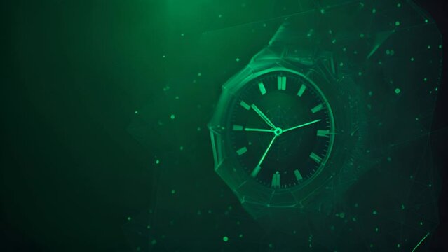 Dynamic polygon line background with watch illustration. Futuristic geometric design.
