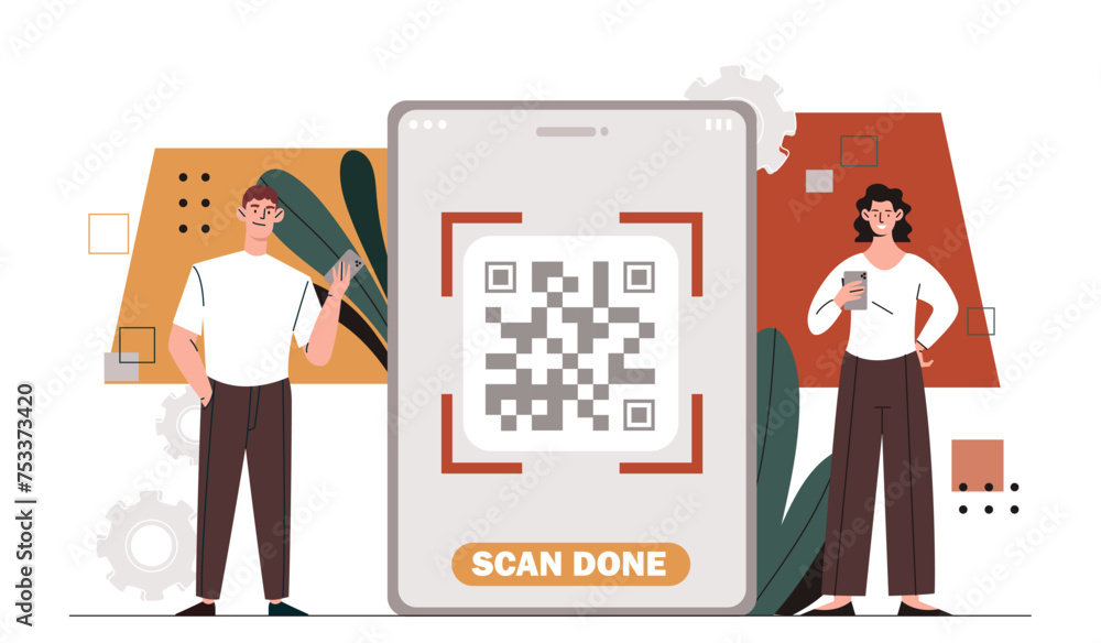 Poster qr code scanning concept. man and woman with smartphone with scanner with shortened links. bar code 
