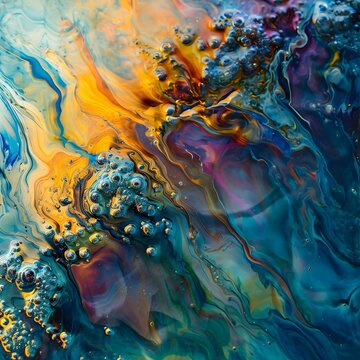 an abstract painting with blue, yellow, and purple colors