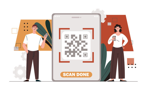 QR code scanning concept. Man and woman with smartphone with scanner with shortened links. Bar code reader at phone. Cartoon flat vector illustration isolated on white background