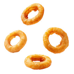 Hot battered tasty and cheesy crispy onion rings in the air on an isolated background