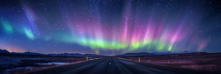 Fotobehang Empty highway in the middle of the desert, at night with a sky full of auroras © Syukra