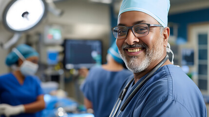 A happy and confident senior Indian surgeon is in an operation room. A male doctor in a blue scrub suit preparing for an operation is smiling. Background design for hospital and health presentation.