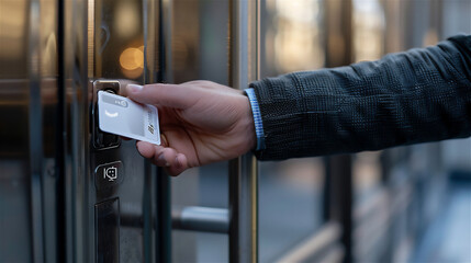 A man's hand is scanning the card next to the door to open the door.
