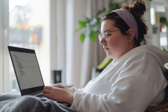 A plus-size young woman works on programming code on her laptop, in a comfortable home setting. Ideal for tech, education, and remote work themes.